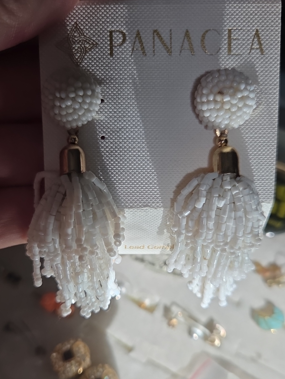 NEW on Card RACHEL ZOE Panacea White Beaded Fringed Gold Tone PIERCED Earrings